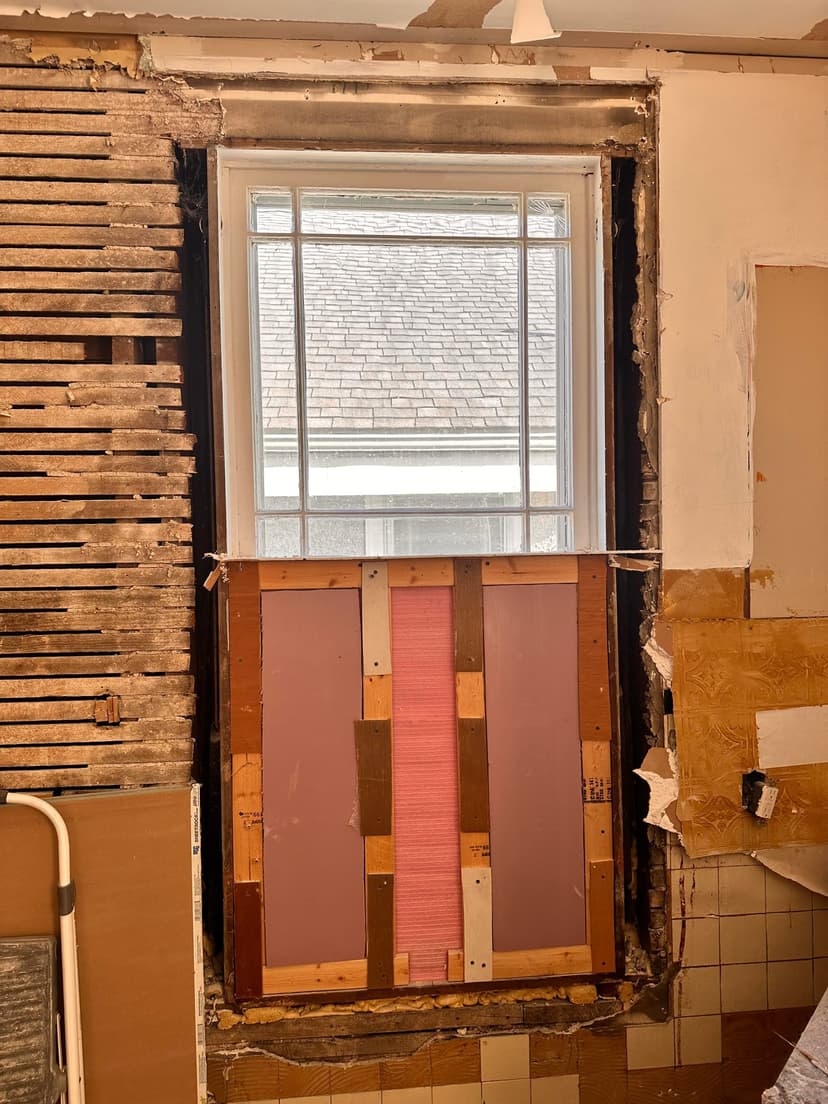 remove current window, replace with double hung half window, and finish exterior stucco